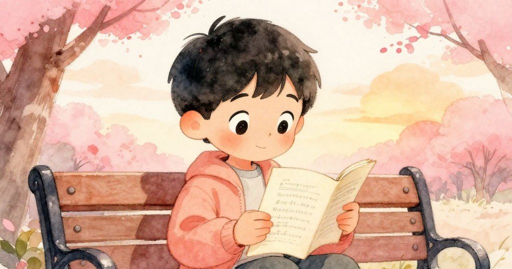 小明坐在公園長椅上專注閱讀情書，手握紙張輕輕翻頁，表情溫柔回憶昨日，陽光灑在紙面上。