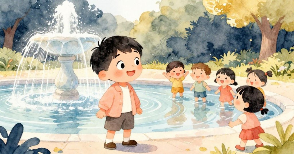 小明與孩子們在公園噴泉邊欣賞水中倒影，臉上洋溢著歡笑，樹影搖曳，充滿生機與快樂。