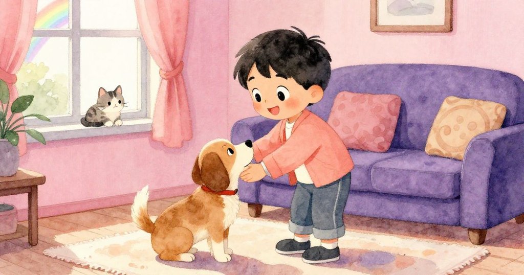 小明在溫馨客廳裡撫摸逗趣小狗與好奇小貓，窗外隱約見彩虹，室內燈光柔和，充滿溫暖與喜悅。