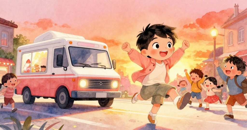 小明驚喜地目睹跳舞的冰淇淋車，孩子們熱烈歡呼，夕陽橘光映襯活力街道，場面充滿驚喜與快樂。