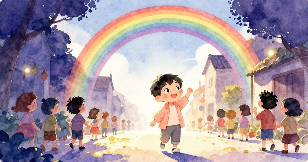 小明與朋友在明亮街道上共慶和平，彩虹高懸，雲朵悠然，群眾歡笑互動，情景寧靜祥和，充滿溫暖愛意。