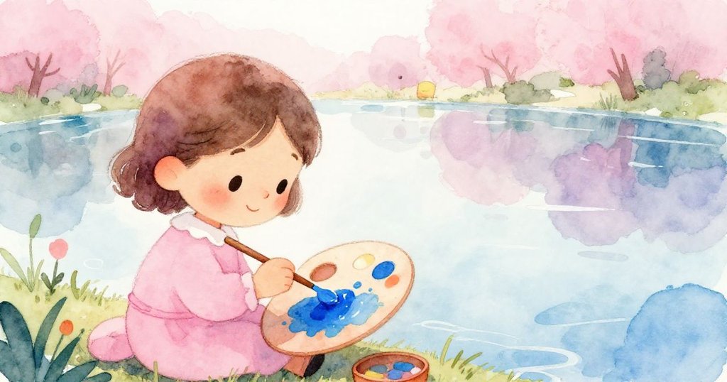 畫家在池塘邊用調色盤混合亮藍色彩，專注調色，周圍有樹木和柔和光線，展現寧靜創作情景。