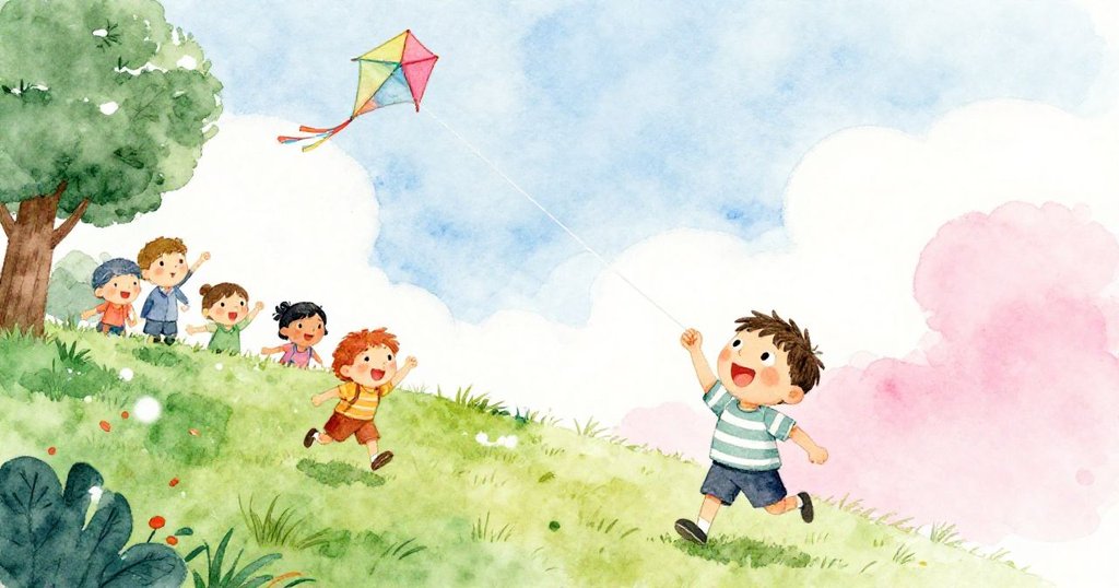 孩子們在綠草上嬉戲，一只明亮的風箏突然傾斜下墜，增添動感，Sam在遠處觀看，充滿活力與驚喜。