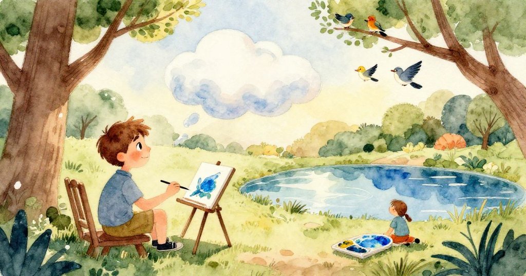 在清澈池塘中，樹枝輕搖和明亮風箏的倒影映於水面下，水中夢幻般的景象充滿柔和光影。