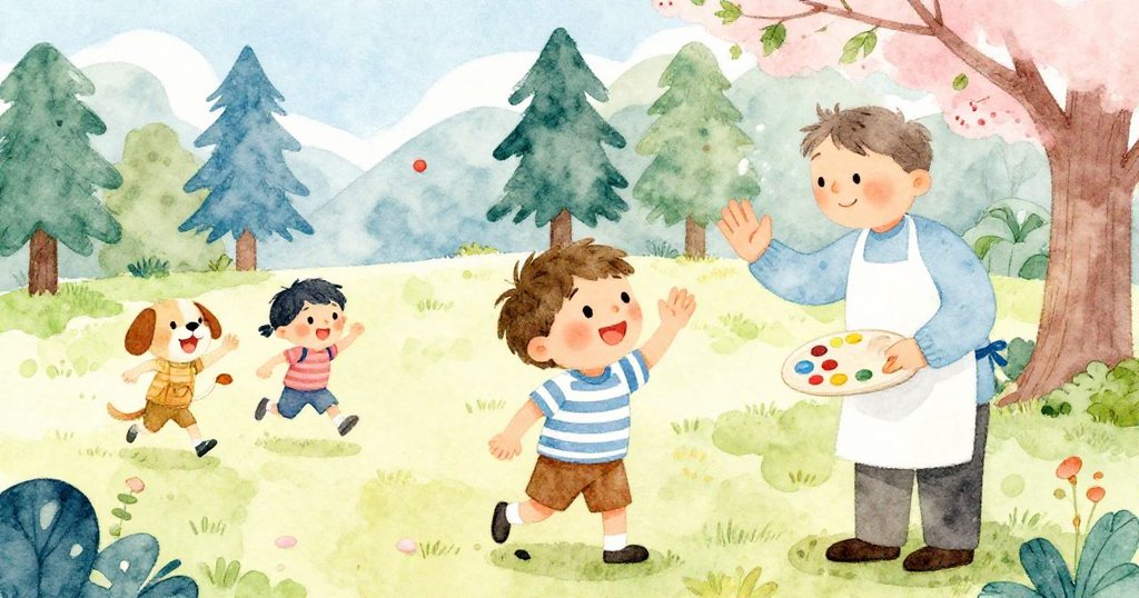 Sam與畫家在公園中親切揮手，孩子們追逐球賽，狗狗快樂吠叫，現場充滿歡樂與互動，大家笑容盈面。