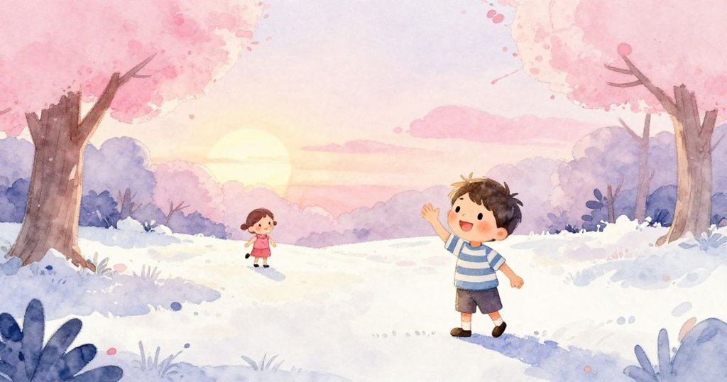 夕陽下，Sam滿懷喜悅向公園道別，身邊的新朋友溫柔微笑，寧靜夕景充滿溫暖與柔和色彩。