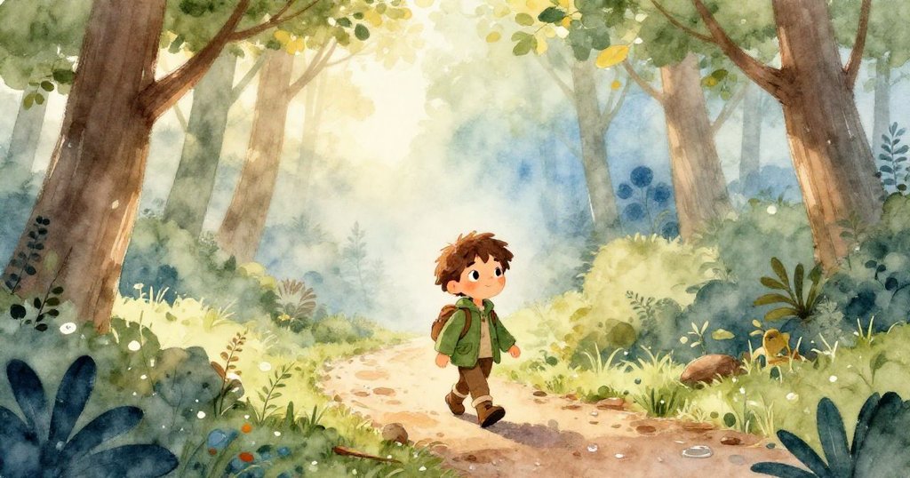 冒險家走進晨霧森林中,輕鬆步入自然環境,表情期待,背景滿是柔和晨光與露珠樹木