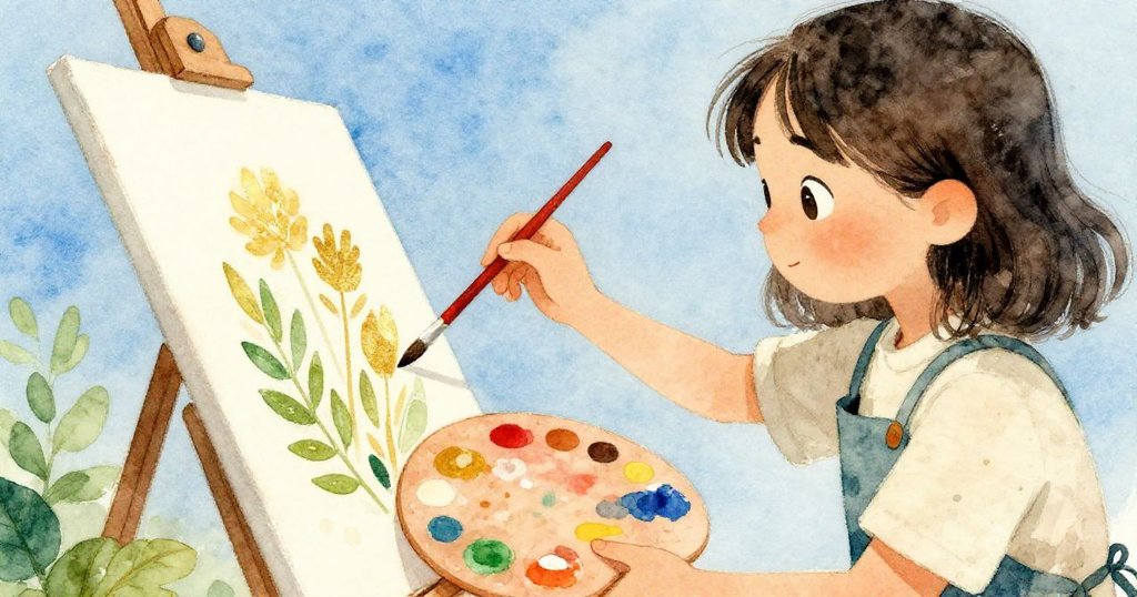 藝術家在明亮藍天下高角度作畫,細膩攪拌顏料並使用鮮紅畫筆,氣氛溫馨充滿創意