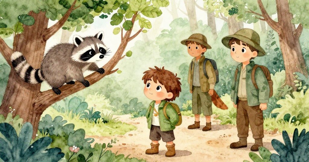 冒險家好奇注視著一隻浣熊攀爬低枝,同時獵人沿著軟泥小徑緩步前行,營造緊湊森林氣氛