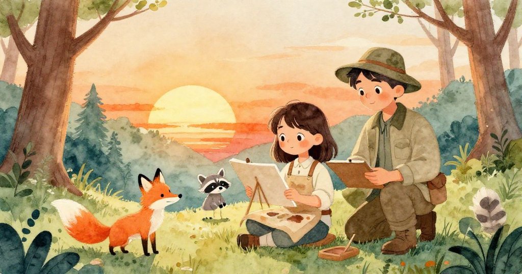 在夕陽餘暉中,藝術家與獵人共同作畫,狐狸和浣熊靜靜陪伴,呈現溫暖和諧的森林黃昏畫面