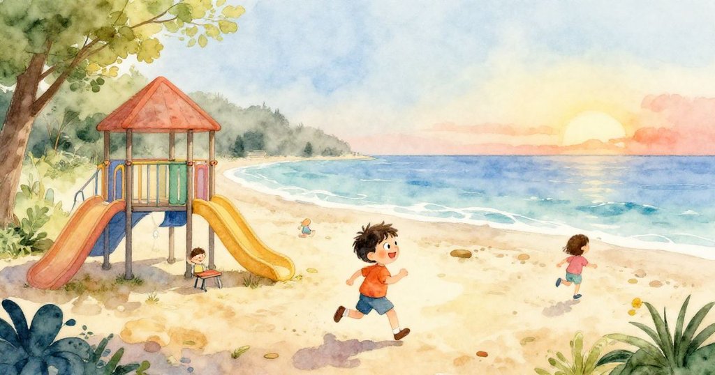 小孩在海邊遊樂場奔跑,晨霧籠罩環境中充滿期待與快樂,海浪輕拂沙灘,展現新一天冒險的開始。