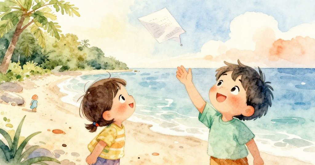 小孩好奇地伸手接住飄來的老師便條,近鏡頭描繪便條上細緻文字,背景呈現海邊遊樂場的溫暖氛圍。