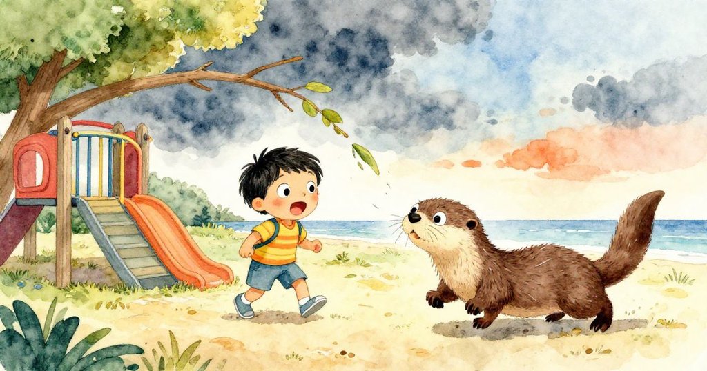 在傍晚昏暗雲層下,孩子驚訝面對落下的小樹枝,高角度呈現水獺急速奔向孩子,畫面充滿緊張與關懷情緒。