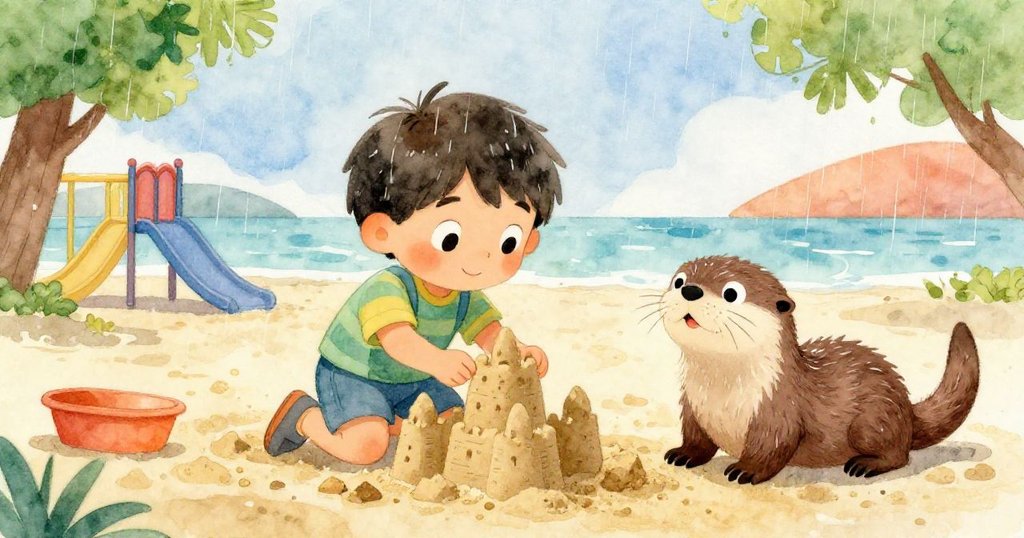 在細雨中,孩子與水獺一起重建沙堡,展現堅定毅力與互助精神,背景為濕潤海邊遊樂場,氛圍充滿希望。