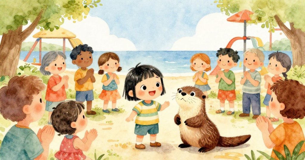 鄰居與路人圍聚在海邊遊樂場中歡呼,孩子與水獺成為大家焦點,群眾笑容滿面共慶互助精神。