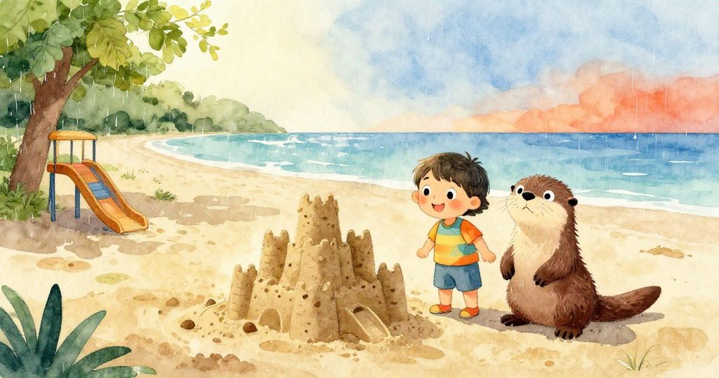 在細雨中,孩子與水獺並肩站立於重建沙堡旁,寬闊海邊遊樂場展現寧靜與溫馨,氛圍平和充滿重生喜悅。