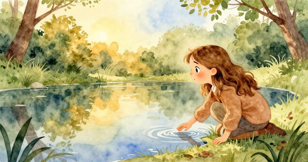 安娜在黃昏時分站在寧靜池塘邊,輕觸水面,透過倒影感受夢境變化,神情充滿期待與思索