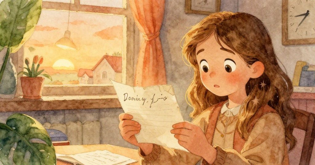 安娜在溫馨室內細心閱讀泛黃信件,神情專注感受導師遺言中的溫柔與警示,燈光柔和