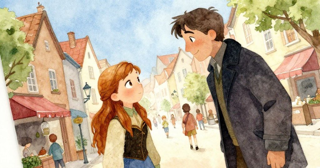 安娜在熱鬧市中心與神秘男子熱烈交談,兩人神情投入背景充滿自然與都市風情,激起冒險期待