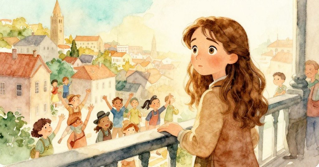 安娜與鎮上夥伴在高處陽台聚集,眺望生機小鎮,大家歡聲笑語共謀社區更新,氣氛溫暖活力