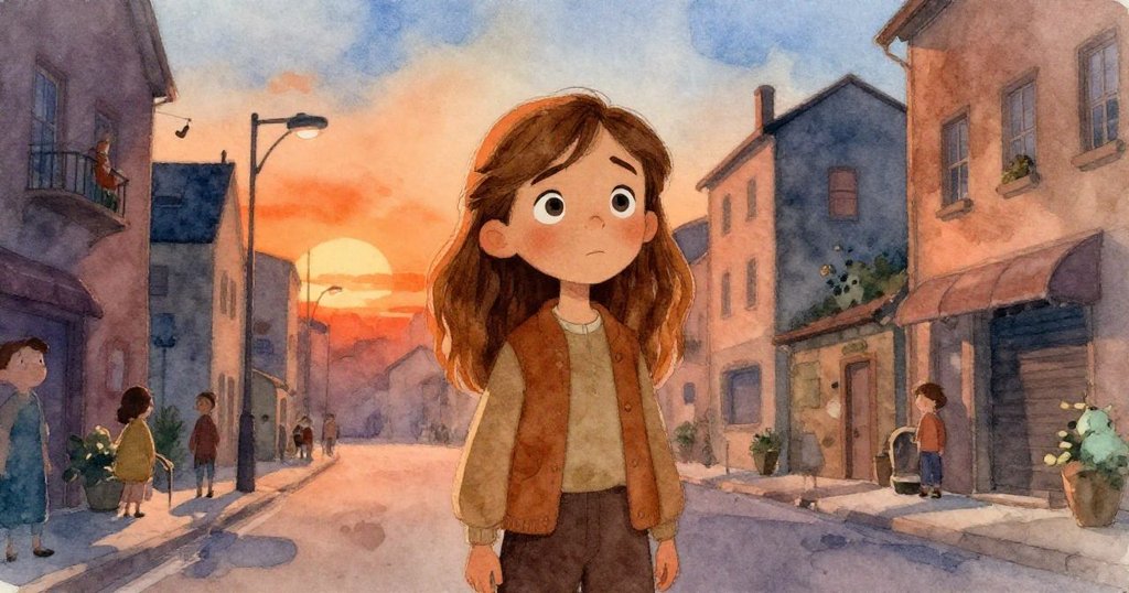 安娜在傍晚昏暗街道上靠欄杆靜立,燈光映出緊張與決心,回想過去警示感受複雜情緒