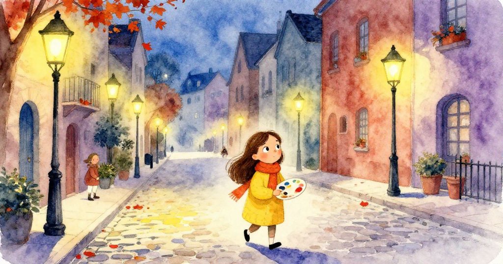 在秋天黃昏的古城中，Isabel漫步石板路，仰望歷史建築，臉上充滿驚奇與思索，燈光柔和映出過去回聲。