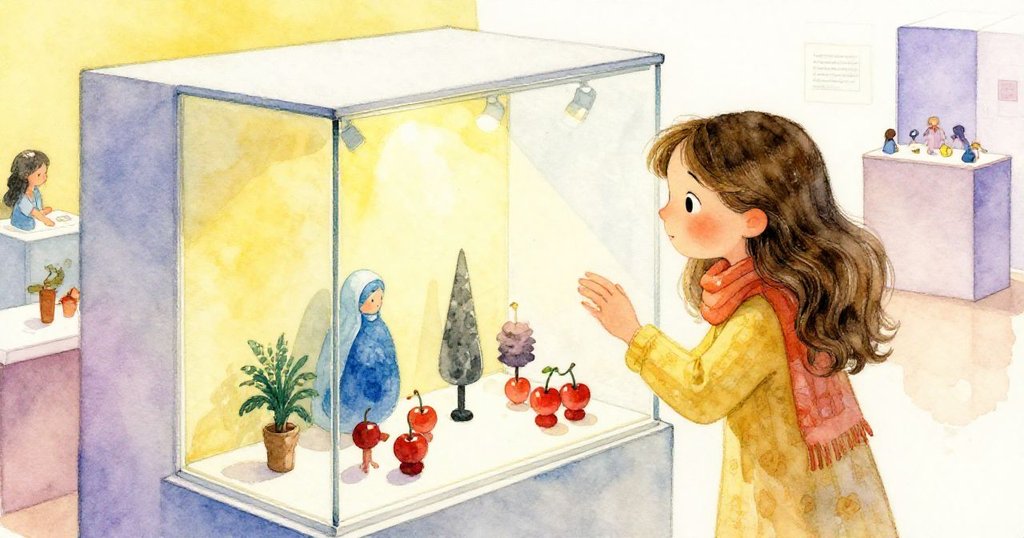 在柔光畫廊裡，Isabel專注打開展櫃觀察微型藝術，臉上流露好奇與溫柔，細節令人沉醉。