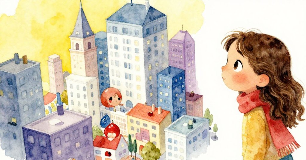 Isabel目不轉睛看著傾斜展示的微型城市，色彩與光影交錯，激發出記憶與新奇感，視角別具一格。