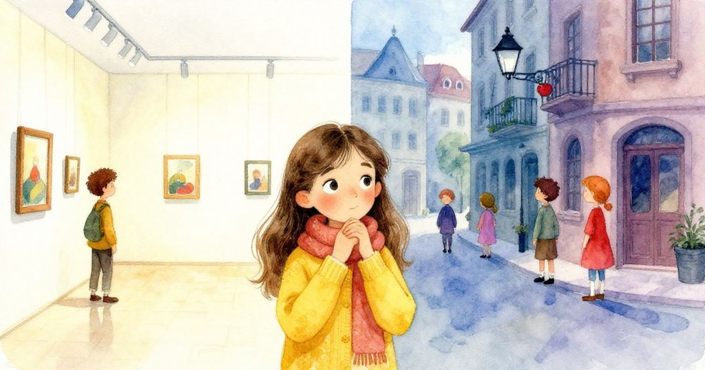 Isabel站在雙重現實中，一邊是現代展廳，一邊透出古城懷舊情懷，神情深思交織現實與夢幻。