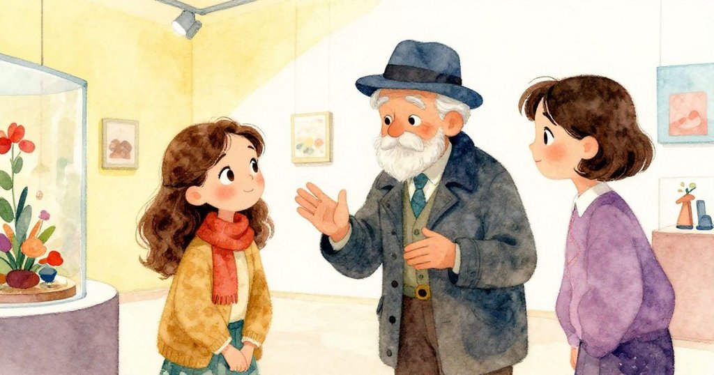 Isabel與老人及年輕女子於畫廊熱烈討論微型展品，臉上流露溫暖與沉思，三人互動自然真摯。