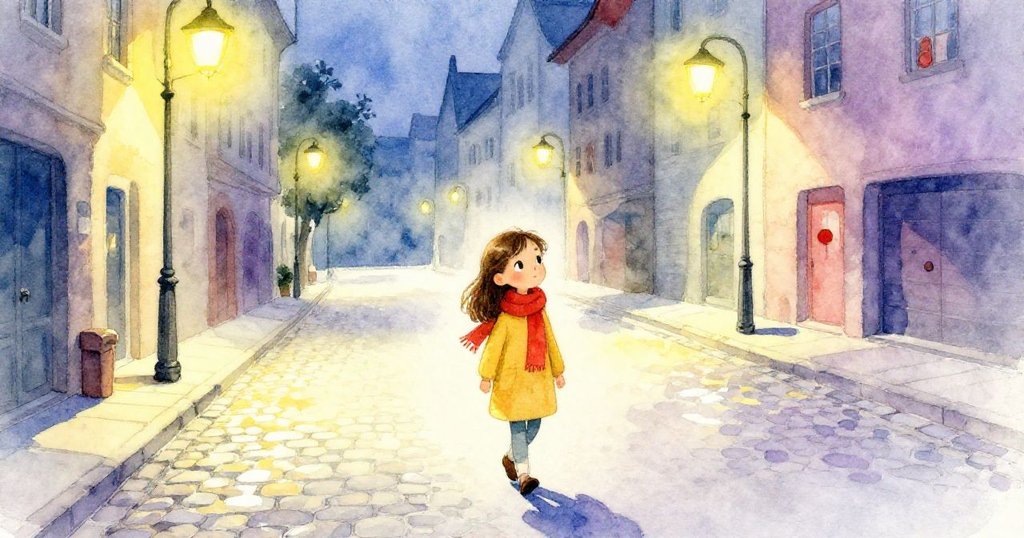 Isabel獨自走回寧靜街道，柔和燈光映出石板路與古城輪廓，臉上流露出回味與感動，完成探索之旅。