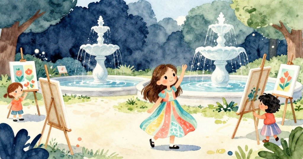 艾瑪在公園中漫步欣賞戶外畫展，背景有噴泉與多幅畫作，神情輕鬆平靜，展現開始探索藝術活動的溫馨情景