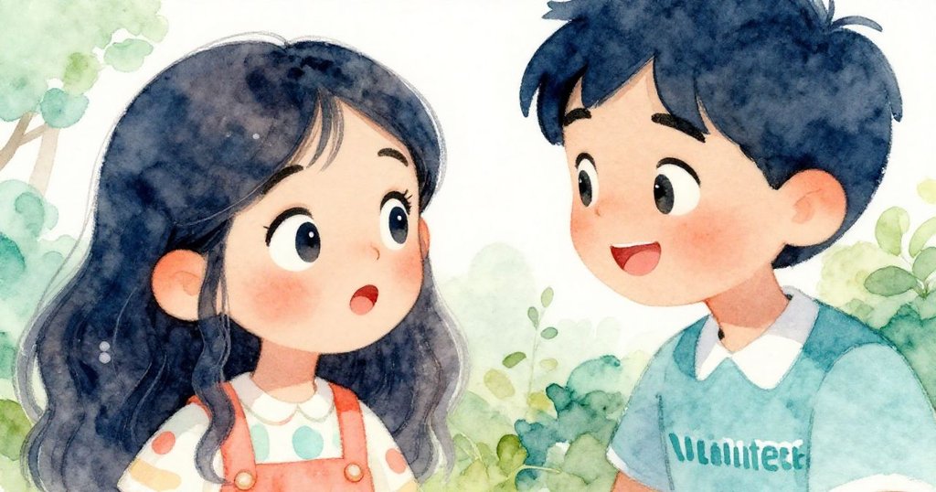 艾瑪面部特寫，驚喜注視著志工講述隱藏訊息，背景微微模糊展現戶外畫展情景，表情充滿好奇與期待