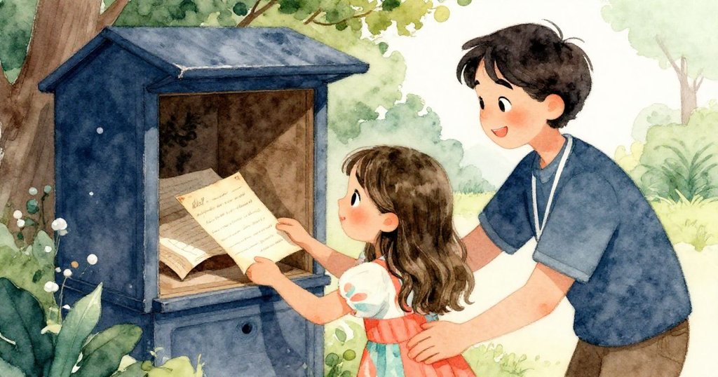 艾瑪和志工一起揭開畫布背後隱藏的空間，露出一封古舊手寫信，兩人表情滿是好奇與輕微激動，喚起歷史記憶