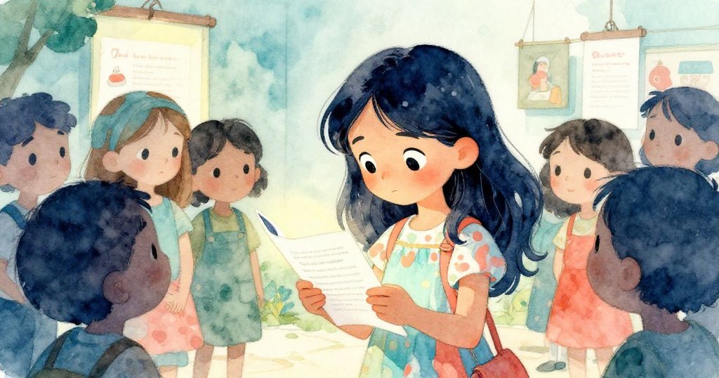 艾瑪仔細研究著手中的信件，眉頭微鎖，背景中人群低語交流，呈現出解謎時的內心掙扎與群體共鳴