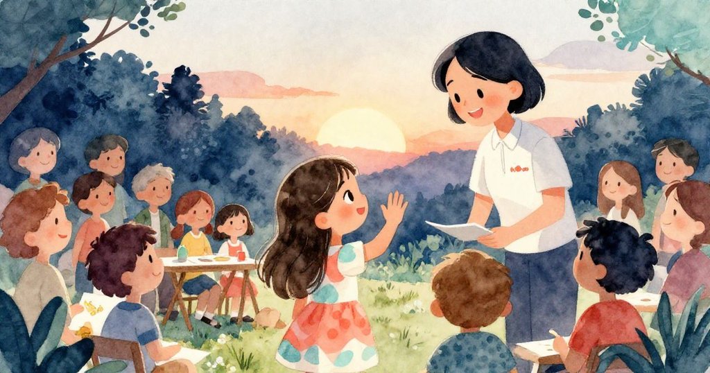 艾瑪在夕陽下熱情向志工道別，臉上滿是滿足與期待，群眾微笑鼓掌，展現社區藝術活動圓滿結束的溫馨情景