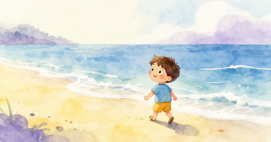 亞歷克斯在晨霧中的海邊漫步，柔和光線照亮明亮海面，展現期待與寧靜心情，海浪輕輕拍打岸邊。