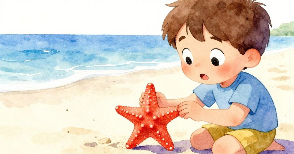 亞歷克斯彎下身仔細觀察沙灘上鮮豔的海星，眼中流露出滿滿好奇與驚喜，沙粒閃耀著光芒。