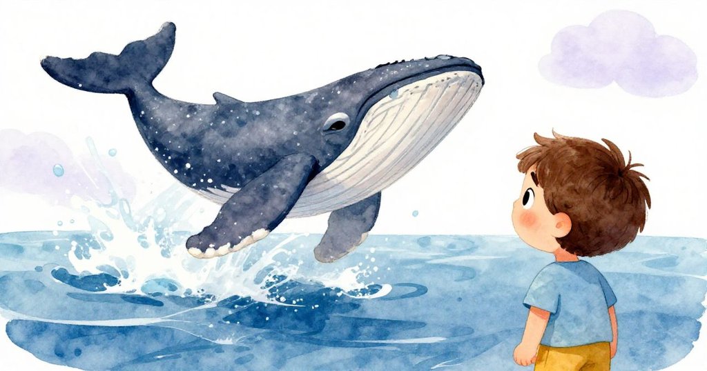 亞歷克斯從身後觀看，一隻巨鯨從海面躍起，海浪翻滾展現壯麗動感，充滿驚奇與期待。