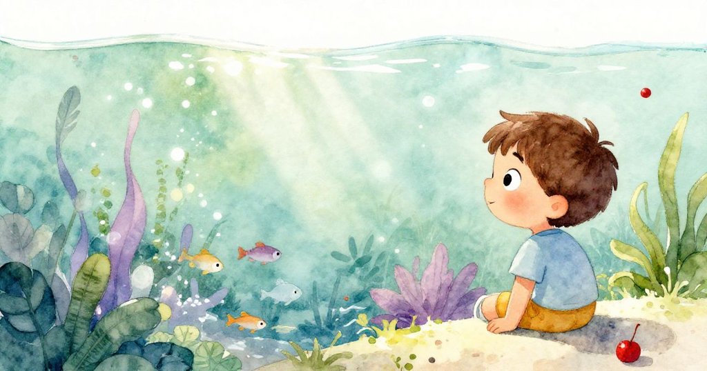 亞歷克斯在翠綠公園中的小池塘邊駐足欣賞，透過透明水面觀察水草與小魚，感受大自然的神秘與寧靜。