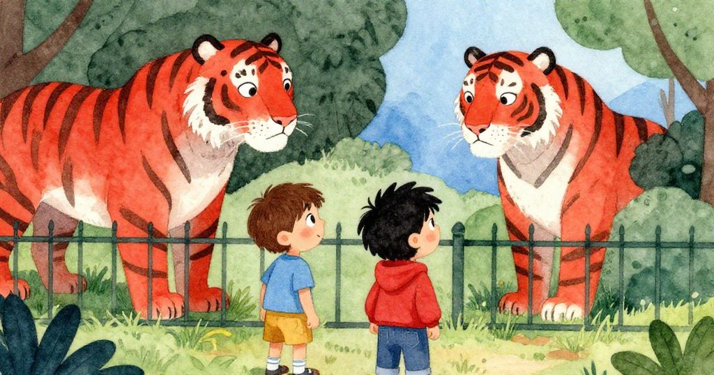 亞歷克斯與朋友山姆在公園圍欄旁驚訝望著一隻接近的虎，臉上流露出緊張與驚奇，瞬間氣氛凝重卻又安全。