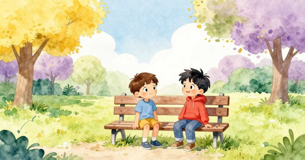 亞歷克斯與山姆在公園長椅旁開心交談，藍天白雲下充滿安全與溫暖，臉上洋溢著幸福與寧靜笑容。