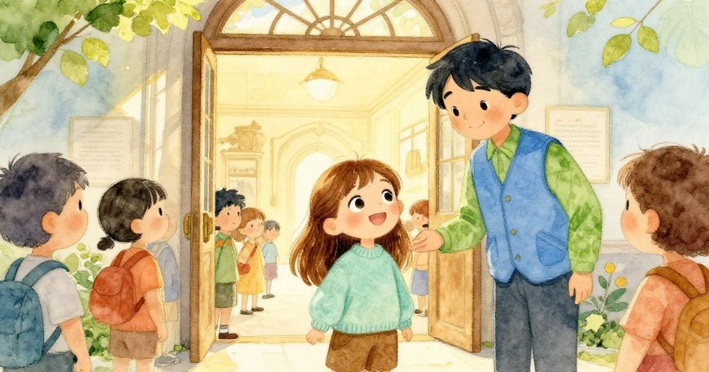 安娜和博物館導遊在博物館入口處，眾人圍繞互動，安娜面露興奮迎接展品，陽光溫暖明亮。