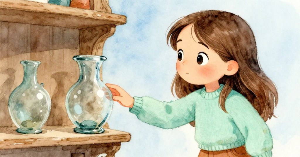 安娜的小手輕觸古老玻璃花瓶，細膩展現玻璃質感，場景展示博物館一角，充滿好奇與尊重。