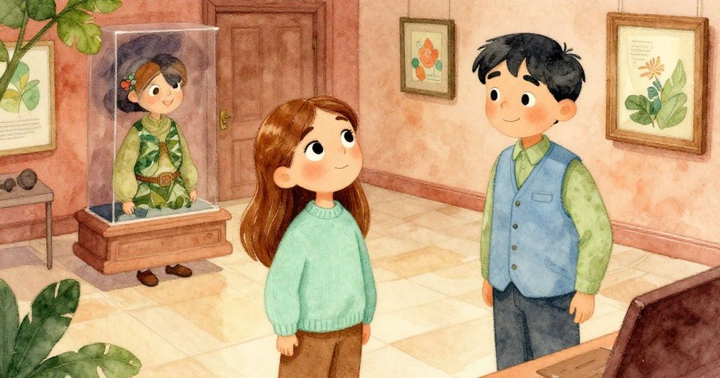 博物館大廳高角度視角，安娜抬頭望展櫃，表情充滿驚奇與些微不安，導遊在背景中引領著參觀者。