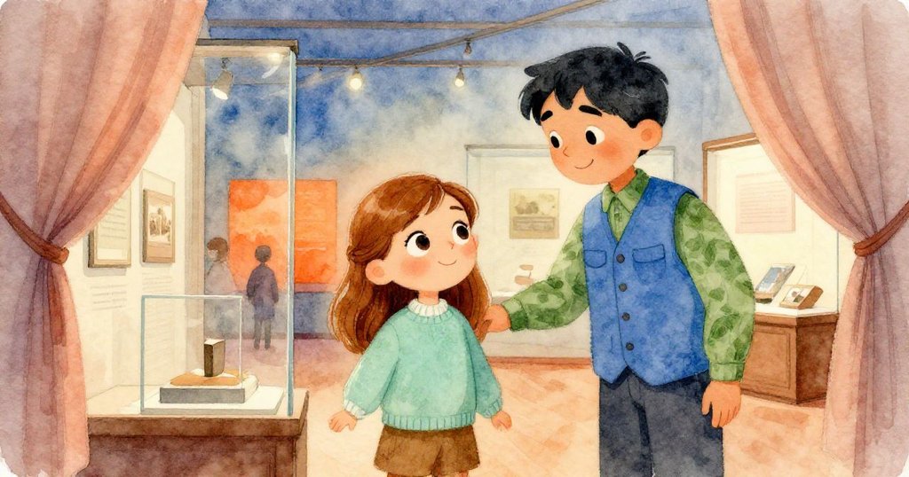 博物館內部光線柔和變換，窗簾輕輕擺動，安娜與導遊合作整理展品，表情專注透露時間流轉感。