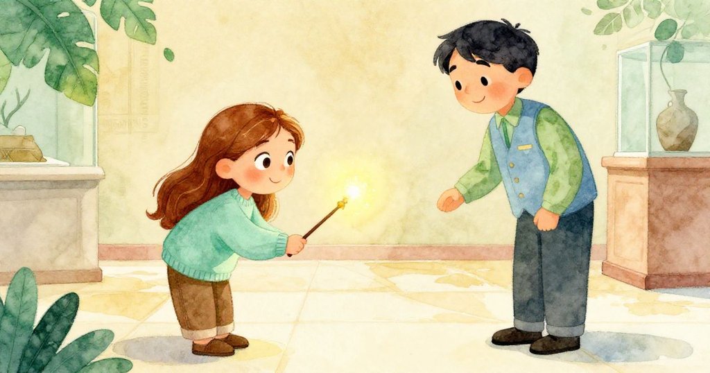 安娜在博物館展廳發現發光魔法棒，彎腰拾起，表情由驚訝轉為堅定，導遊微笑在旁鼓勵，充滿探索意義。