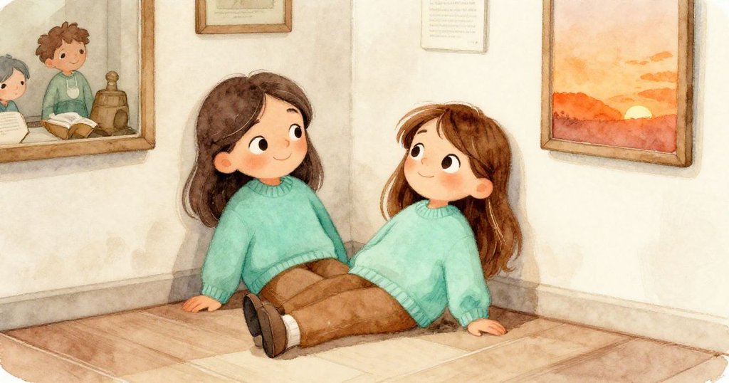 安娜在博物館角落安坐休息，面帶幸福微笑，溫暖夕陽光線輕輕映照，回味著充滿魔法與驚奇的一天。