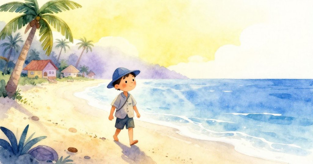 漁夫在熱帶海岸晨霧中準備出發,神情平靜,背景有棕櫚樹和村舍,呈現清晨的溫柔光線與海洋氛圍