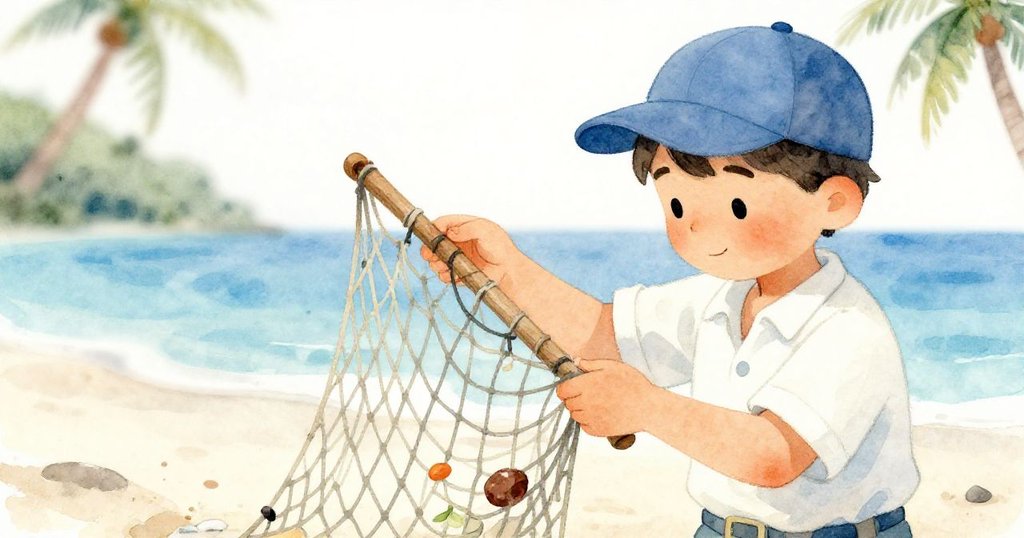 漁夫在海邊細心檢查漁網,手指輕撫網線,神情專注,展示工具與細膩生活細節,溫暖明亮